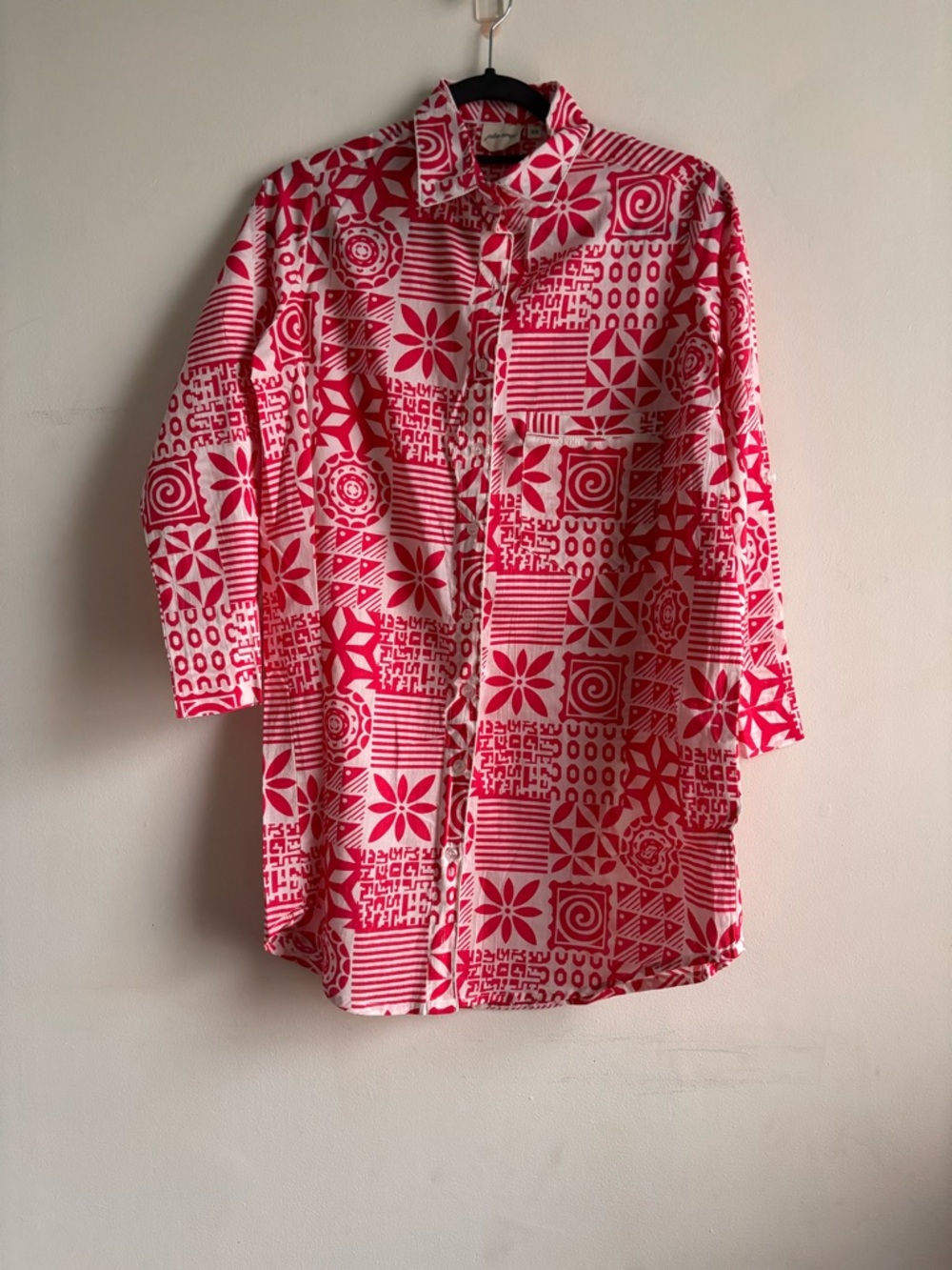 Pink Patterned Long-Sleeve Shirt Dress